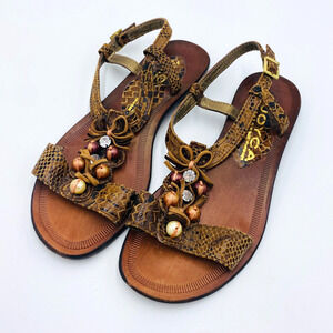JOYCA Women's Brown Animal Print Sandals with Bow & Beads Casual Beach Size 37